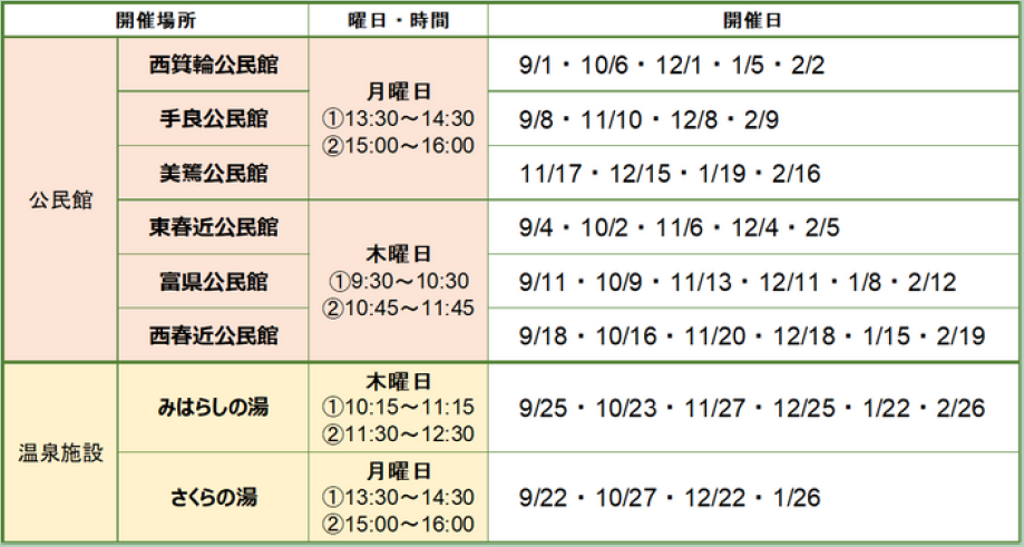出張型運動プログラムスケジュール